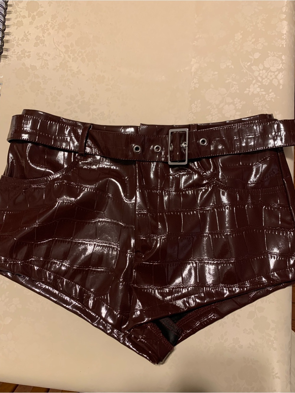 MUSERA Croc-Embossed High-Waist Shorts in Wine